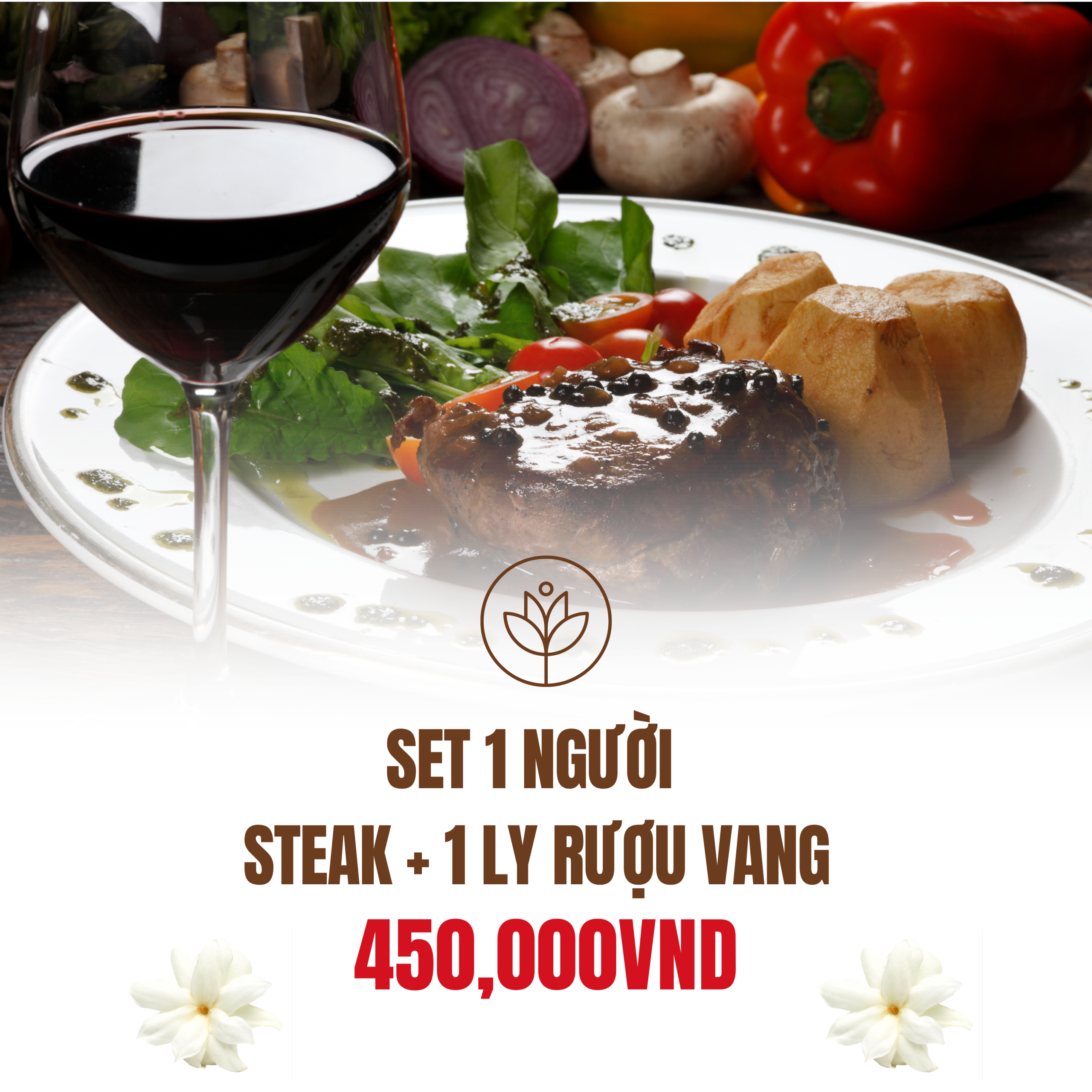 SET FOR 1 PERSON STEAK + 1 GLASS OF WINE